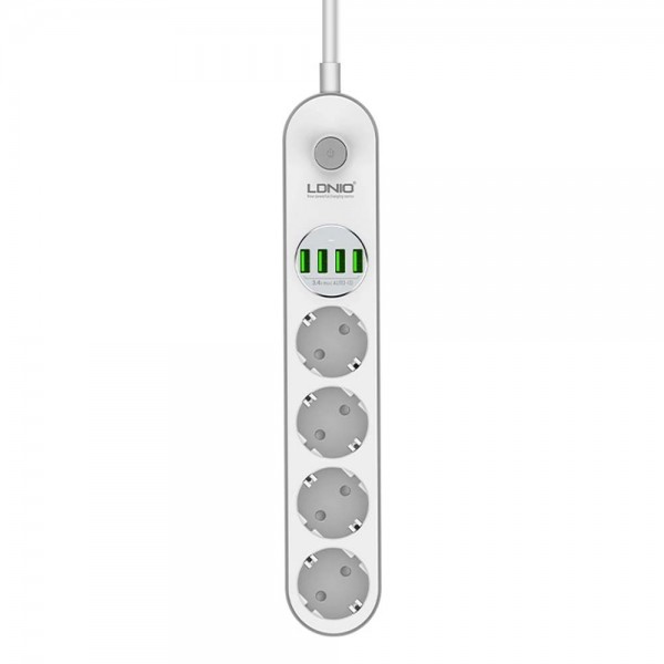 Ldnio Πολύπριζο Ασφαλείας 4 Θέσεων με Διακόπτη, 4 USB και Καλώδιο 2m Λευκό